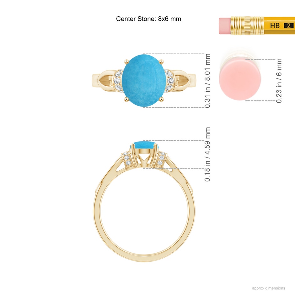 8x6mm A Solitaire Turquoise Split Shank Ring with Diamonds in Yellow Gold ruler