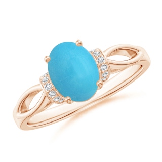 8x6mm AA Solitaire Turquoise Split Shank Ring with Diamonds in Rose Gold
