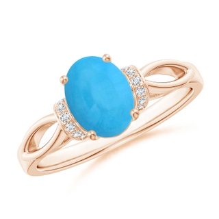 8x6mm AAA Solitaire Turquoise Split Shank Ring with Diamonds in Rose Gold