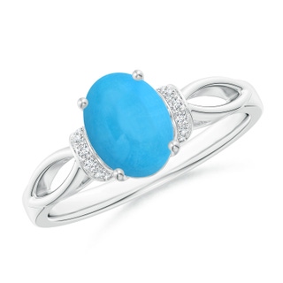 8x6mm AAA Solitaire Turquoise Split Shank Ring with Diamonds in White Gold