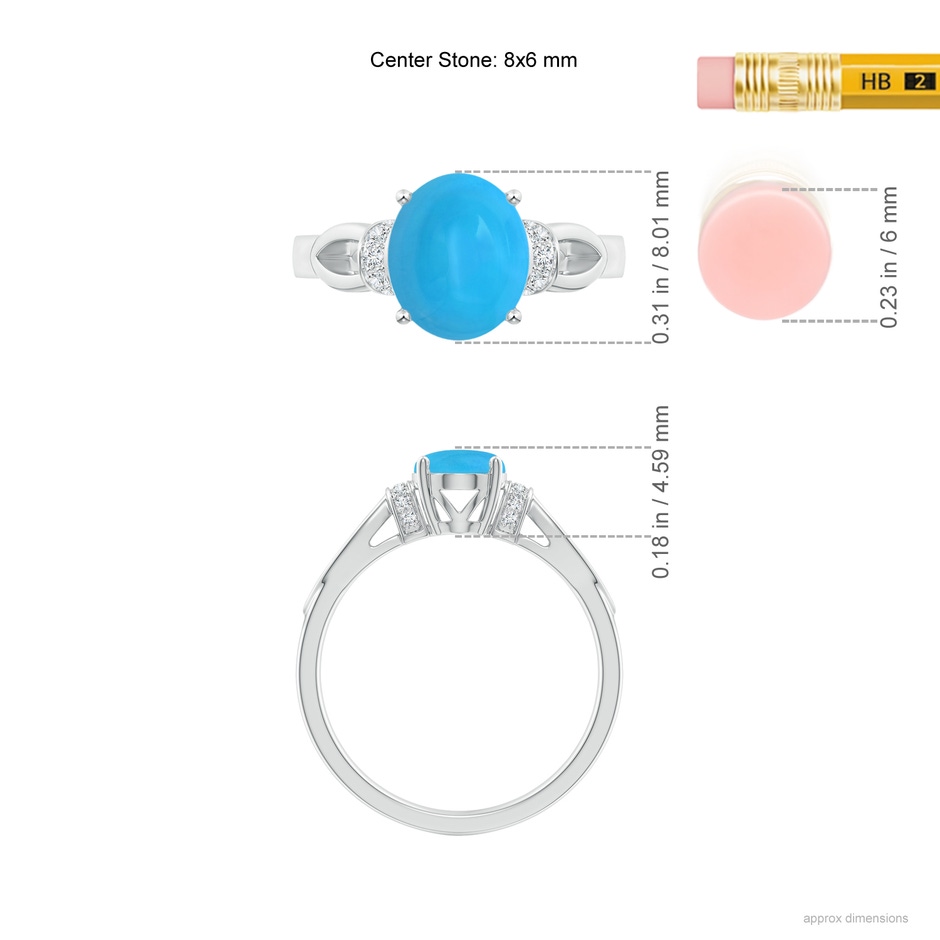 8x6mm AAAA Solitaire Turquoise Split Shank Ring with Diamonds in White Gold ruler