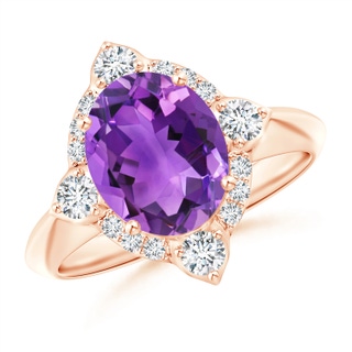 10x8mm AAA Oval Amethyst Compass Ring with Diamond Halo in Rose Gold