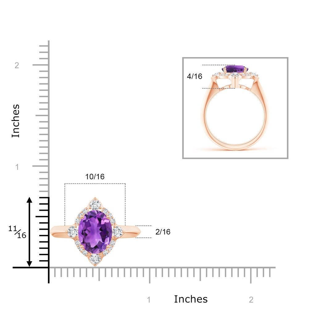 10x8mm AAA Oval Amethyst Compass Ring with Diamond Halo in Rose Gold Ruler