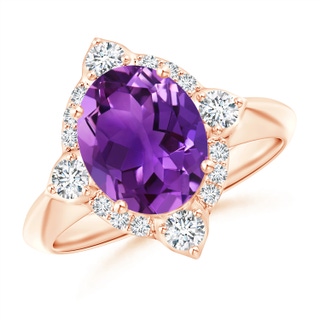 10x8mm AAAA Oval Amethyst Compass Ring with Diamond Halo in Rose Gold