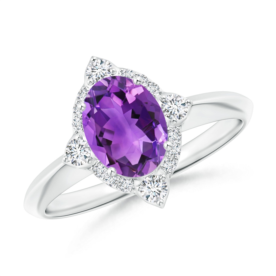 8x6mm AAA Oval Amethyst Compass Ring with Diamond Halo in White Gold 