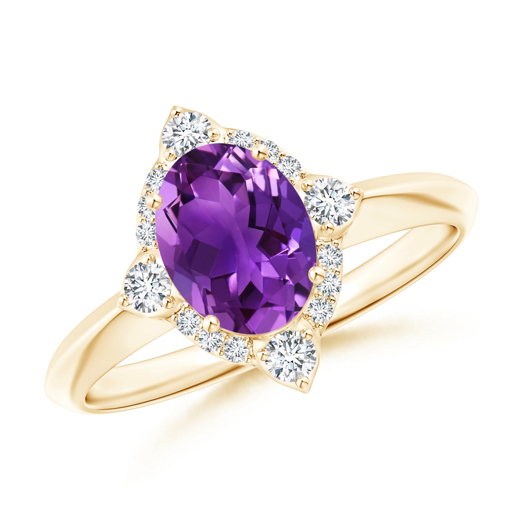 8x6mm AAAA Oval Amethyst Compass Ring with Diamond Halo in Yellow Gold