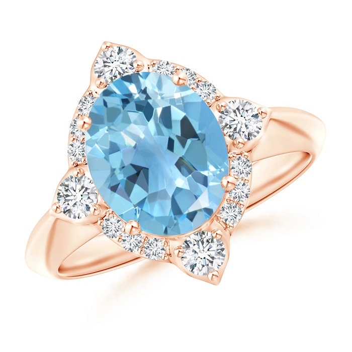 10x8mm A Oval Swiss Blue Topaz Compass Ring with Diamond Halo in Rose Gold 