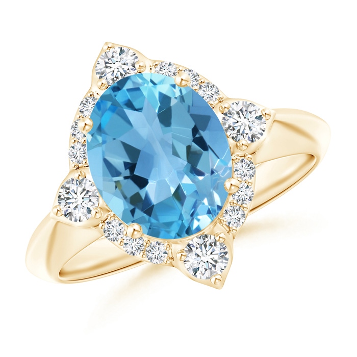 10x8mm AA Oval Swiss Blue Topaz Compass Ring with Diamond Halo in Yellow Gold 