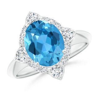 10x8mm AAA Oval Swiss Blue Topaz Compass Ring with Diamond Halo in White Gold
