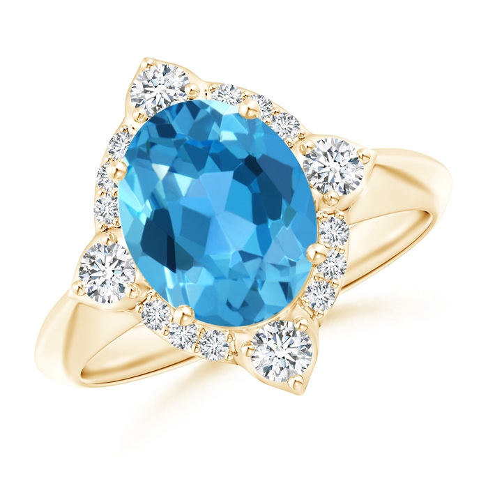 10x8mm AAA Oval Swiss Blue Topaz Compass Ring with Diamond Halo in Yellow Gold 