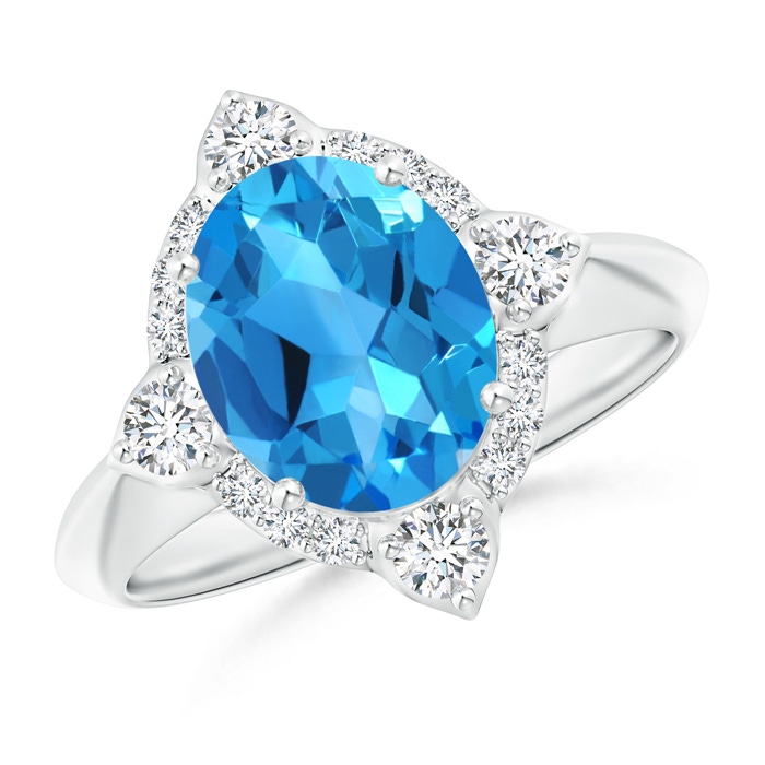 10x8mm AAAA Oval Swiss Blue Topaz Compass Ring with Diamond Halo in P950 Platinum