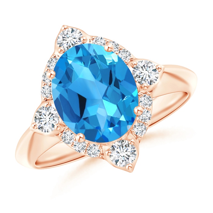 10x8mm AAAA Oval Swiss Blue Topaz Compass Ring with Diamond Halo in Rose Gold