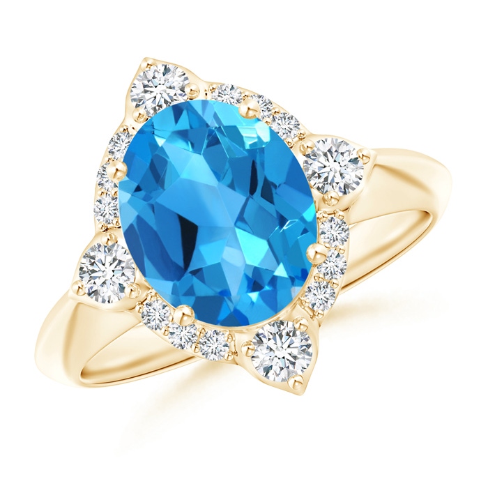 10x8mm AAAA Oval Swiss Blue Topaz Compass Ring with Diamond Halo in Yellow Gold