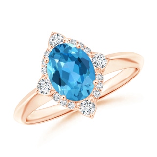8x6mm AAA Oval Swiss Blue Topaz Compass Ring with Diamond Halo in Rose Gold