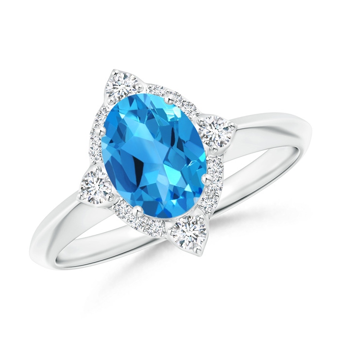 8x6mm AAAA Oval Swiss Blue Topaz Compass Ring with Diamond Halo in White Gold
