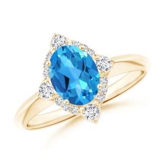 8x6mm AAAA Oval Swiss Blue Topaz Compass Ring with Diamond Halo in Yellow Gold