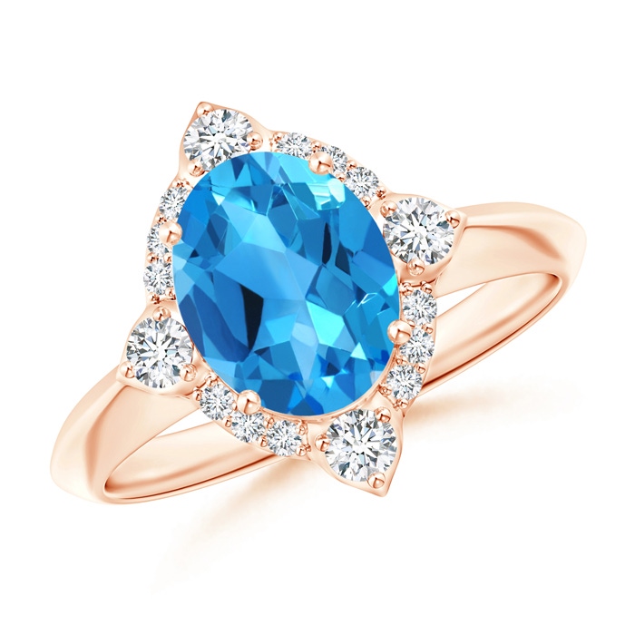 9x7mm AAAA Oval Swiss Blue Topaz Compass Ring with Diamond Halo in Rose Gold 