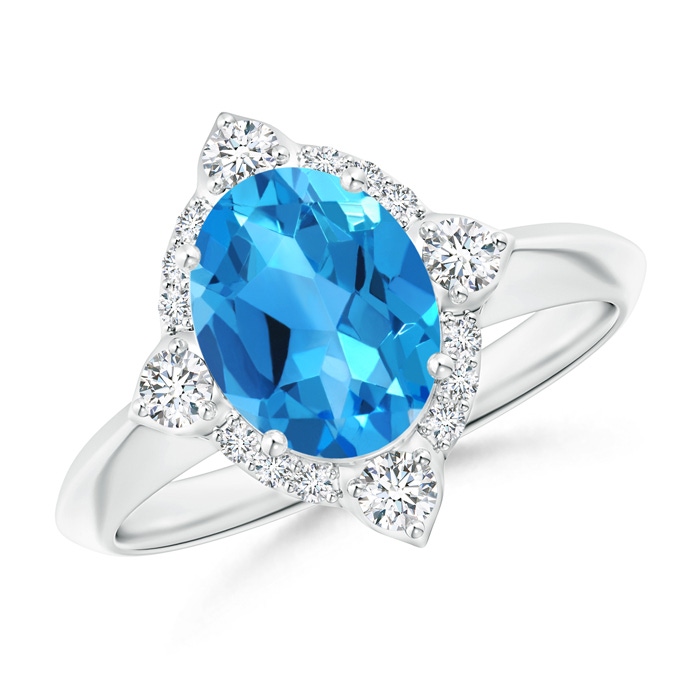 9x7mm AAAA Oval Swiss Blue Topaz Compass Ring with Diamond Halo in White Gold 