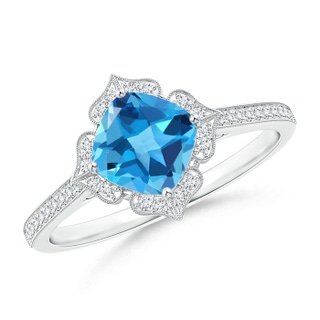 6mm AAA Cushion Swiss Blue Topaz and Diamond Lily Flower Ring in White Gold