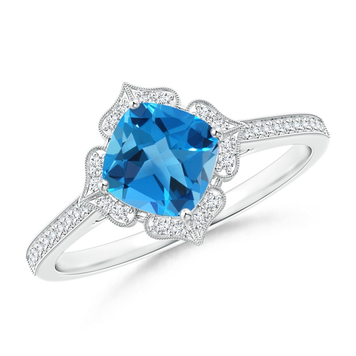 6mm AAAA Cushion Swiss Blue Topaz and Diamond Lily Flower Ring in S999 Silver