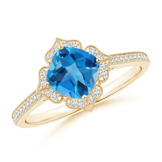 6mm AAAA Cushion Swiss Blue Topaz and Diamond Lily Flower Ring in Yellow Gold