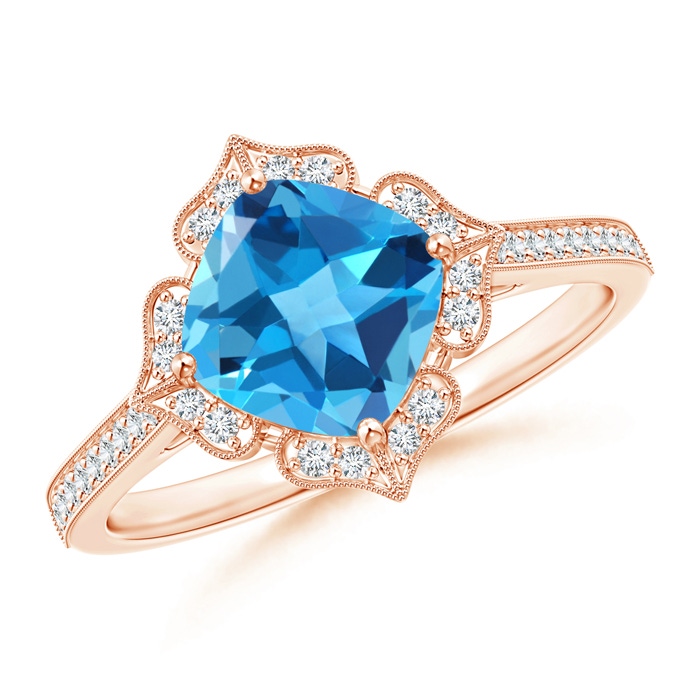 7mm AAA Cushion Swiss Blue Topaz and Diamond Lily Flower Ring in Rose Gold 