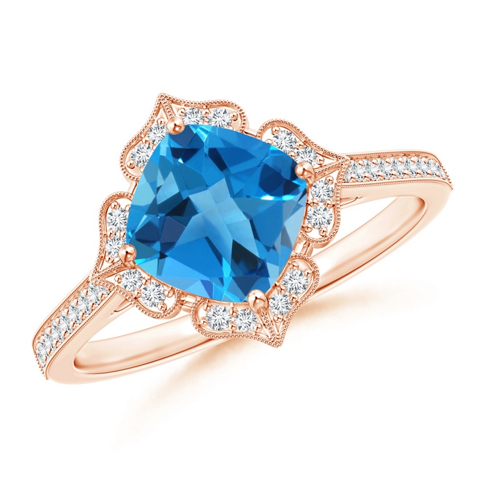 7mm AAAA Cushion Swiss Blue Topaz and Diamond Lily Flower Ring in Rose Gold