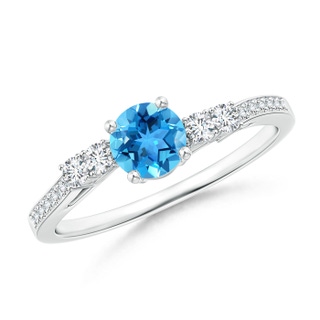 5mm AAA Classic Swiss Blue Topaz Solitaire Ring with Diamond Accents in 9K White Gold