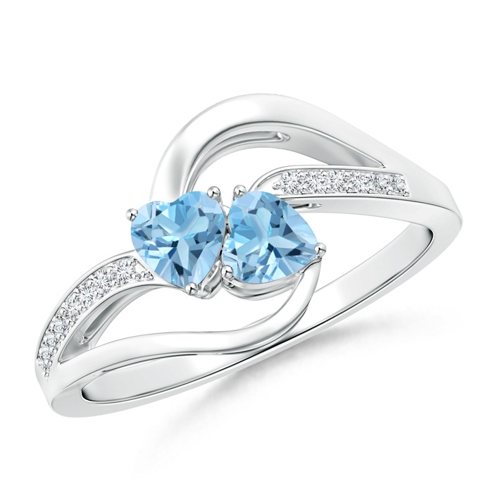 4mm A Two Stone Heart Swiss Blue Topaz Bypass Ring with Diamonds in S999 Silver 