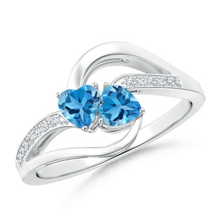 4mm AAA Two Stone Heart Swiss Blue Topaz Bypass Ring with Diamonds in White Gold