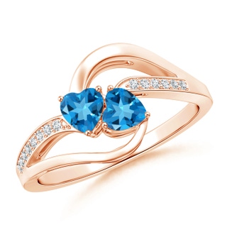 4mm AAAA Two Stone Heart Swiss Blue Topaz Bypass Ring with Diamonds in 9K Rose Gold