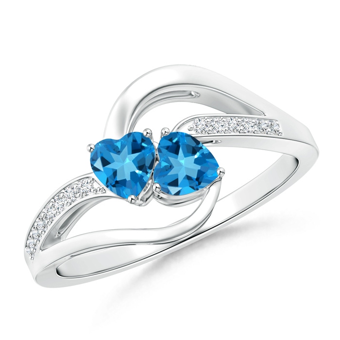 4mm AAAA Two Stone Heart Swiss Blue Topaz Bypass Ring with Diamonds in S999 Silver 