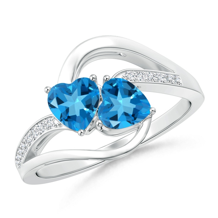 5mm AAAA Two Stone Heart Swiss Blue Topaz Bypass Ring with Diamonds in White Gold 
