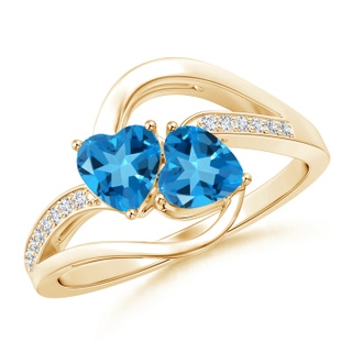 5mm AAAA Two Stone Heart Swiss Blue Topaz Bypass Ring with Diamonds in Yellow Gold