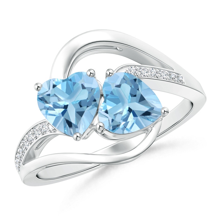 6mm A Two Stone Heart Swiss Blue Topaz Bypass Ring with Diamonds in S999 Silver 