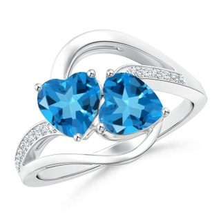 6mm AAAA Two Stone Heart Swiss Blue Topaz Bypass Ring with Diamonds in P950 Platinum