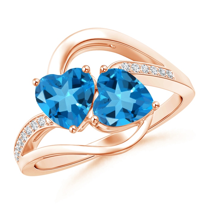 6mm AAAA Two Stone Heart Swiss Blue Topaz Bypass Ring with Diamonds in Rose Gold 