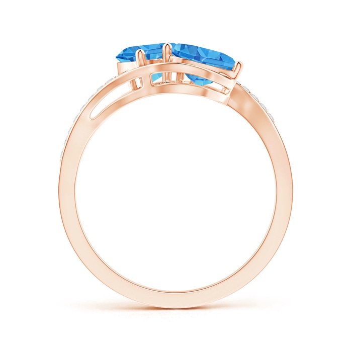 6mm AAAA Two Stone Heart Swiss Blue Topaz Bypass Ring with Diamonds in Rose Gold Side-1