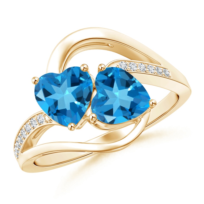 6mm AAAA Two Stone Heart Swiss Blue Topaz Bypass Ring with Diamonds in Yellow Gold 