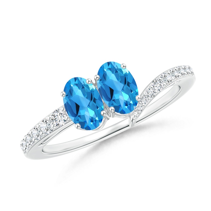 6x4mm AAAA Oval Swiss Blue Topaz Two Stone Bypass Ring with Diamonds in P950 Platinum 