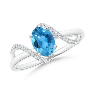 7x5mm AAA Solitaire Swiss Blue Topaz and Diamond Swirl Bypass Ring in White Gold