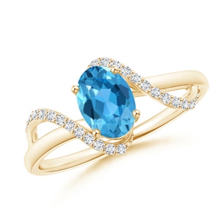 7x5mm AAA Solitaire Swiss Blue Topaz and Diamond Swirl Bypass Ring in Yellow Gold