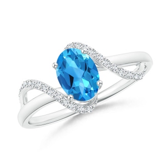 7x5mm AAAA Solitaire Swiss Blue Topaz and Diamond Swirl Bypass Ring in White Gold