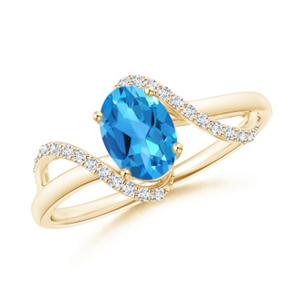 7x5mm AAAA Solitaire Swiss Blue Topaz and Diamond Swirl Bypass Ring in Yellow Gold