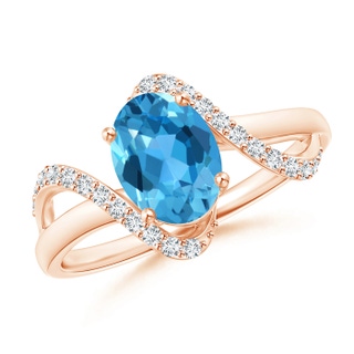 8x6mm AAA Solitaire Swiss Blue Topaz and Diamond Swirl Bypass Ring in Rose Gold