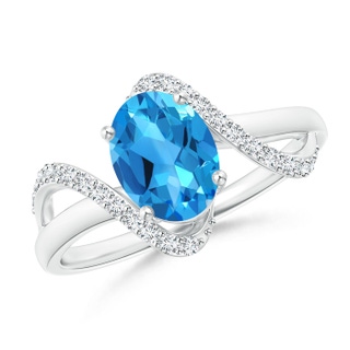 8x6mm AAAA Solitaire Swiss Blue Topaz and Diamond Swirl Bypass Ring in White Gold