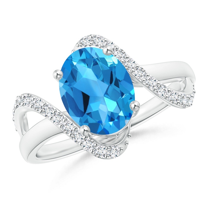 9x7mm AAAA Solitaire Swiss Blue Topaz and Diamond Swirl Bypass Ring in White Gold
