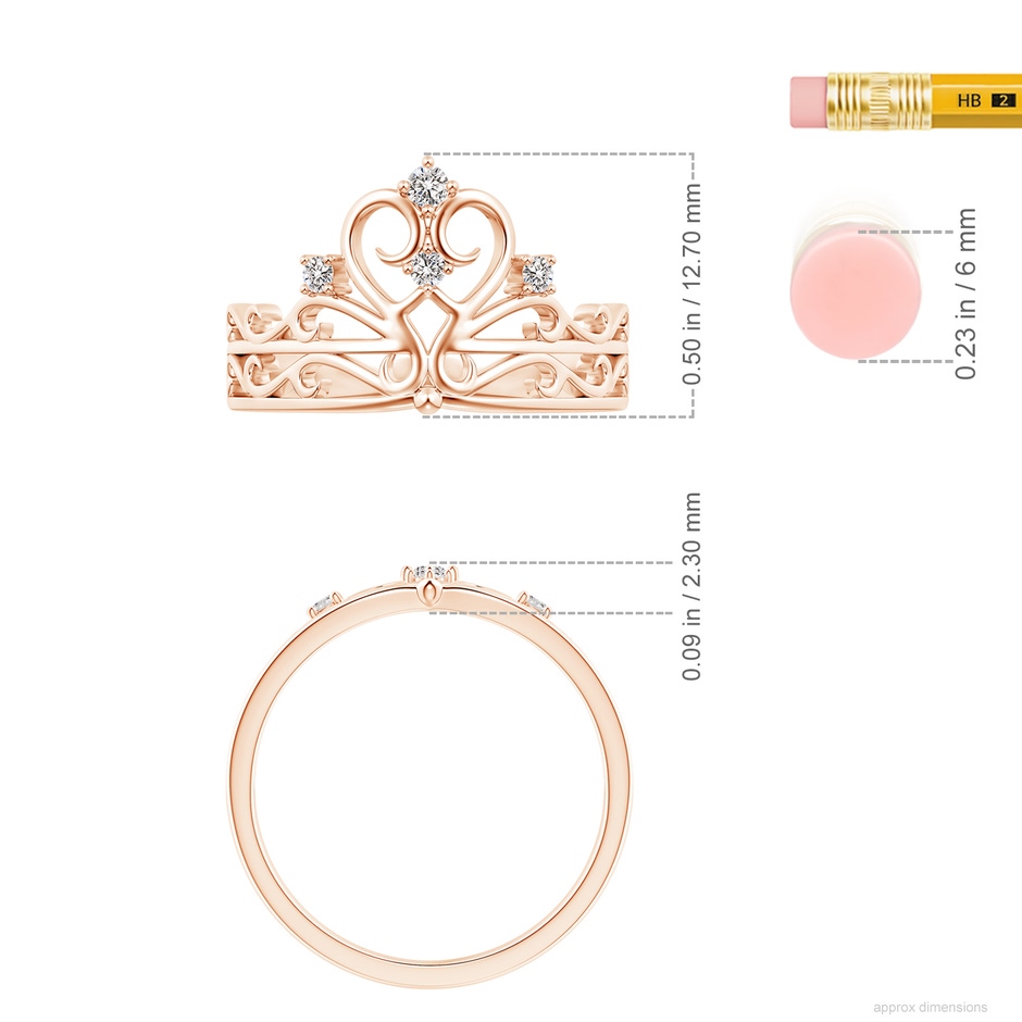 2mm IJI1I2 Scattered Round Diamond Princess Tiara Ring in Rose Gold ruler