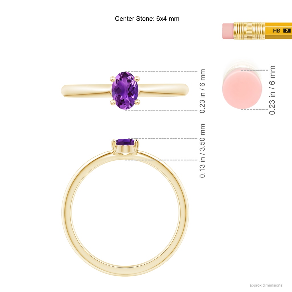 6x4mm AAAA Classic Solitaire Oval Amethyst Promise Ring in 10K Yellow Gold Ruler