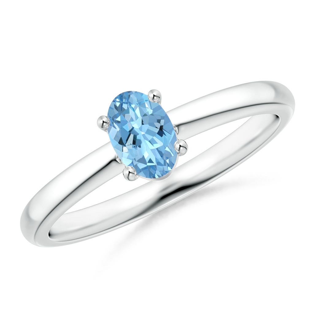 6x4mm AAAA Classic Solitaire Oval Aquamarine Promise Ring in White Gold 